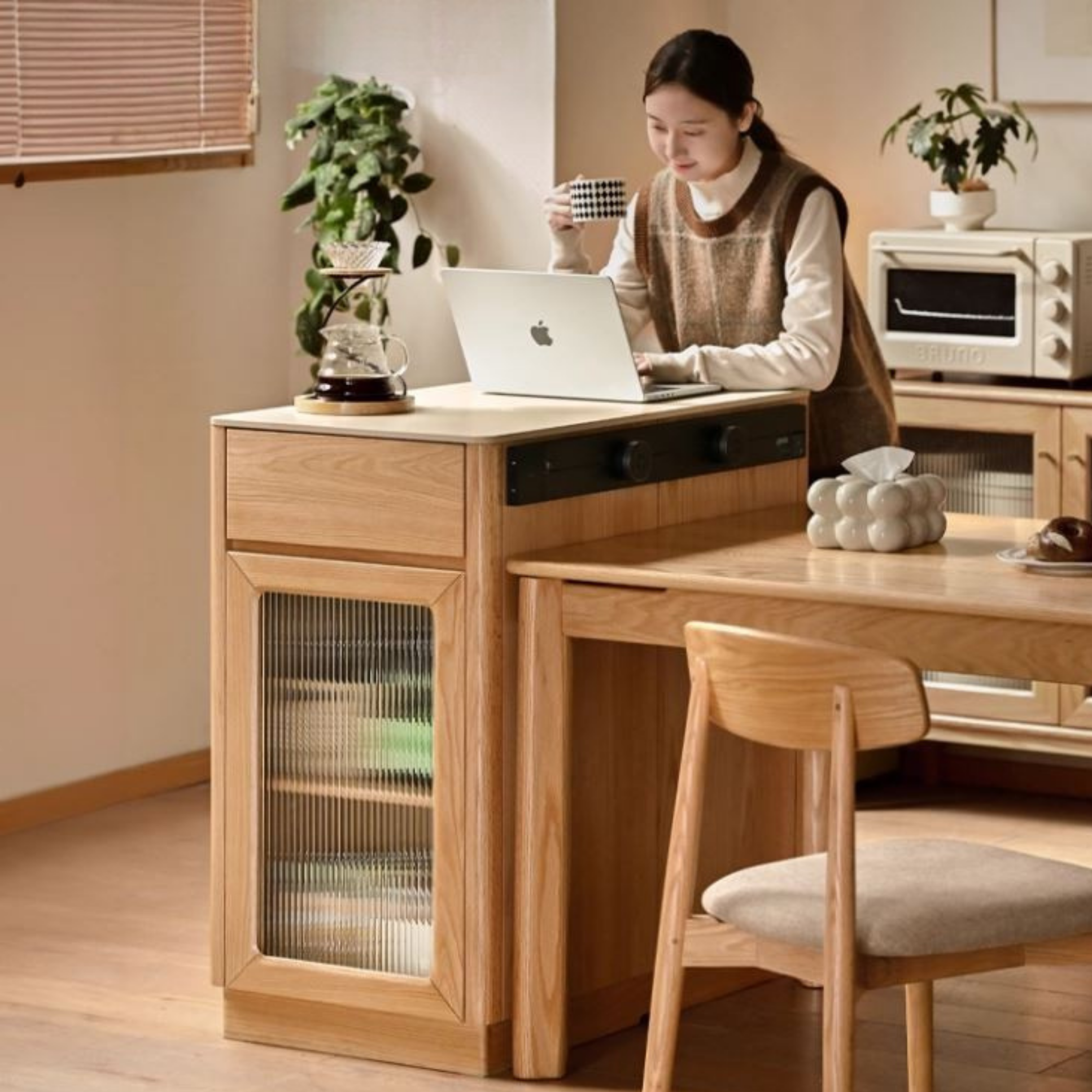 Oak, Beech Solid Wood Modern Rock Plate Island Table