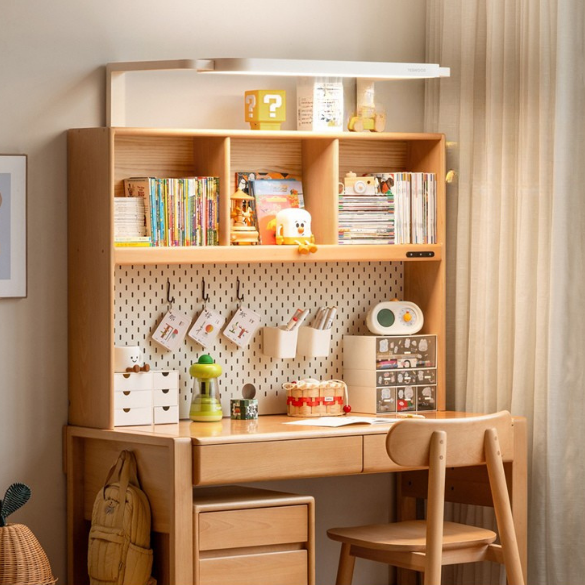 Beech Solid Wood Adjustable Height Children's Study Desk With Integrated Bookshelf