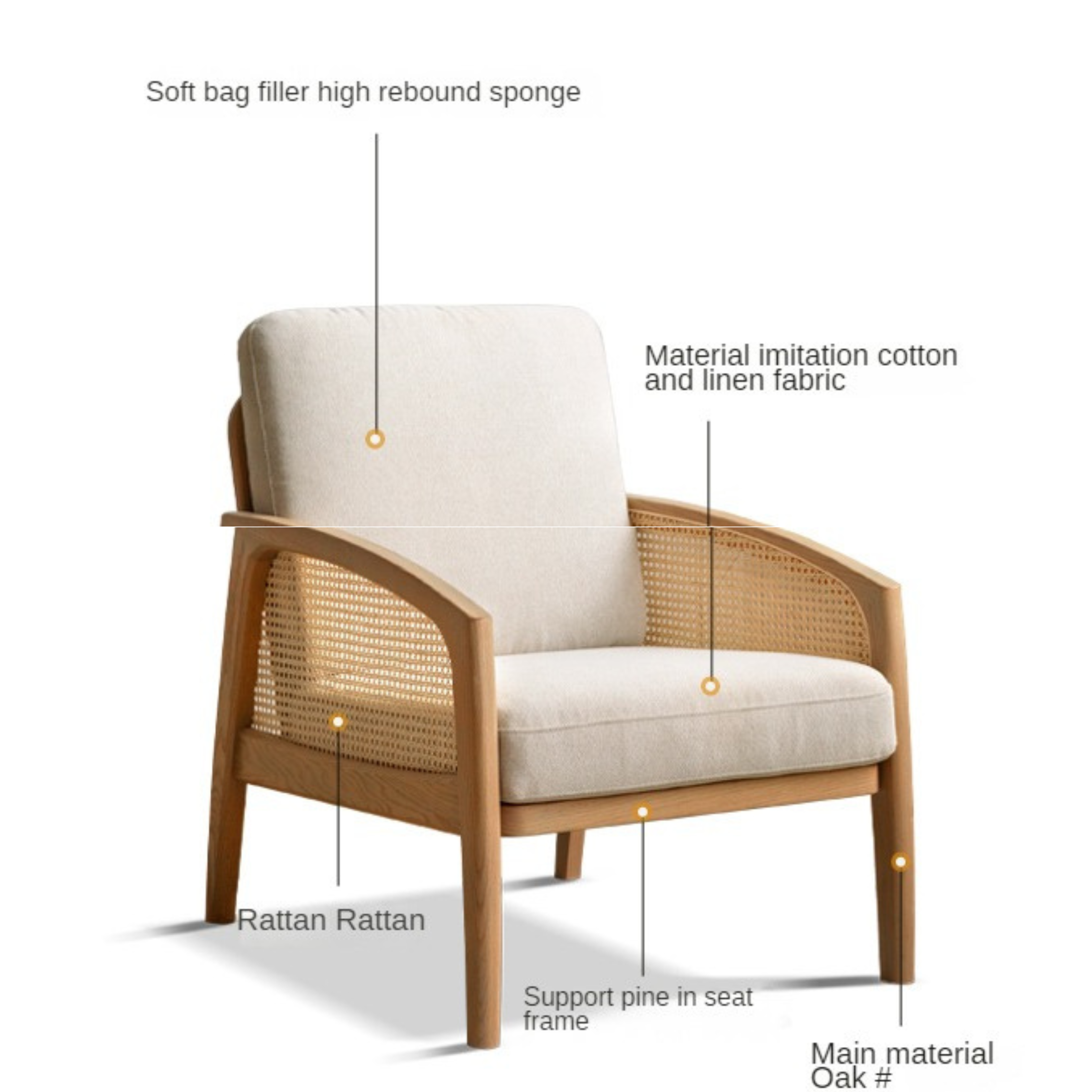 Oak Solid Wood Milky Skin Tone Armchair Rattan