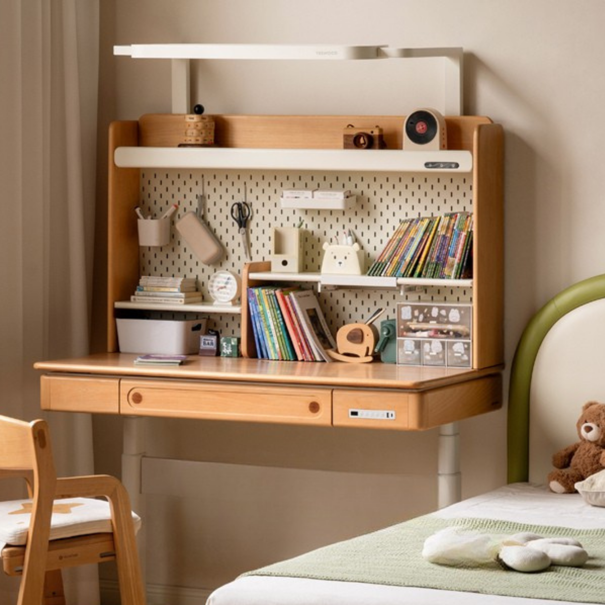 Beech Solid Wood Children's Study Desk with Electric Lift