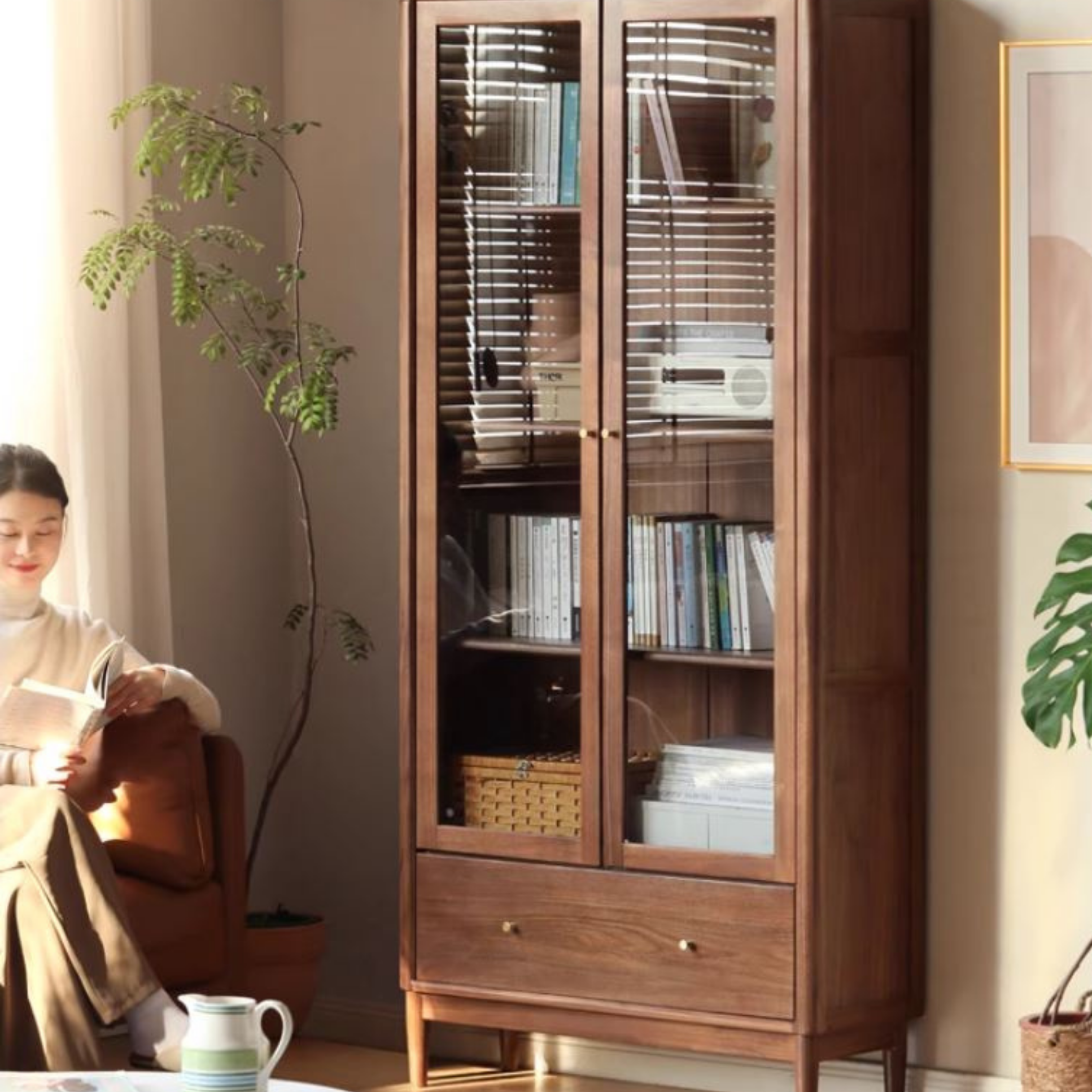 Black Walnut Solid Wood Bookcase With Glass Door