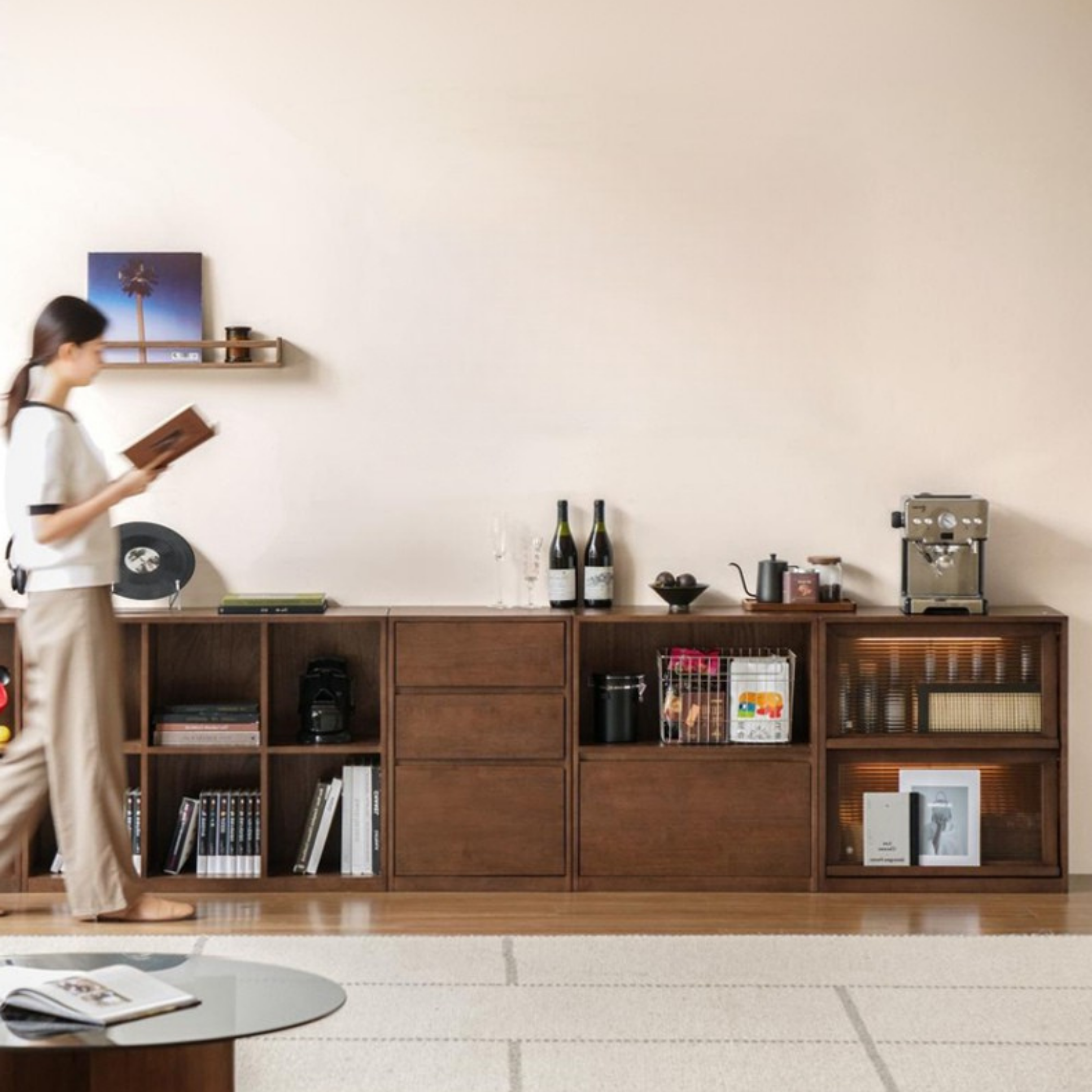 Solid Rubberwood Wall-Mounted Combination Bookcase