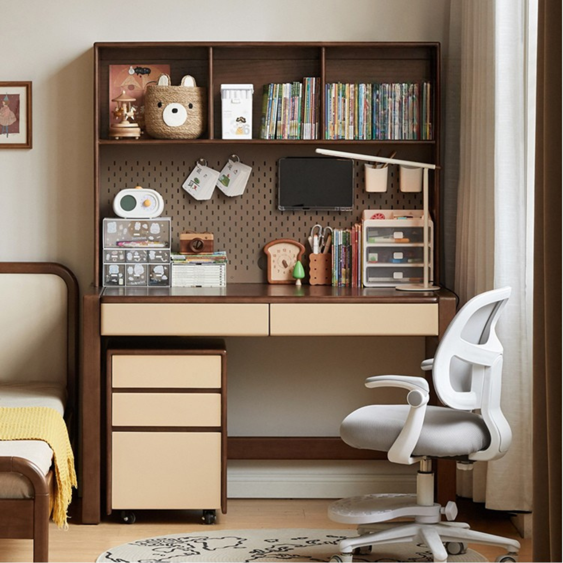 Solid Rubberwood Children's Desk With Bookshelf