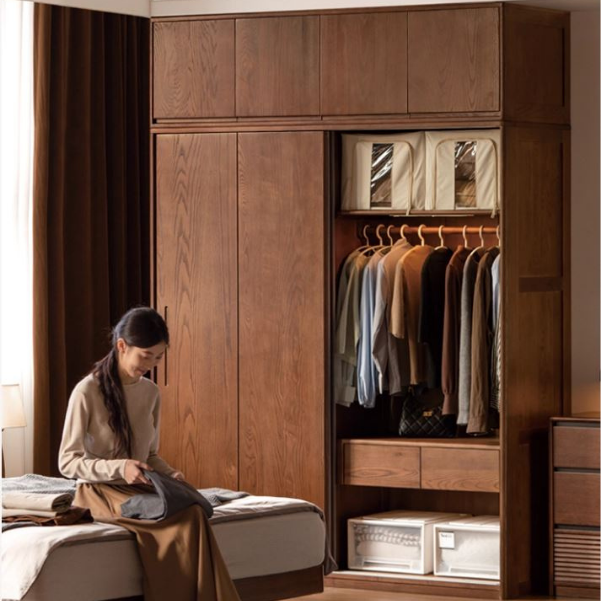 White Ash, Ash, Oak Solid Wood Wardrobe With Sliding Doors