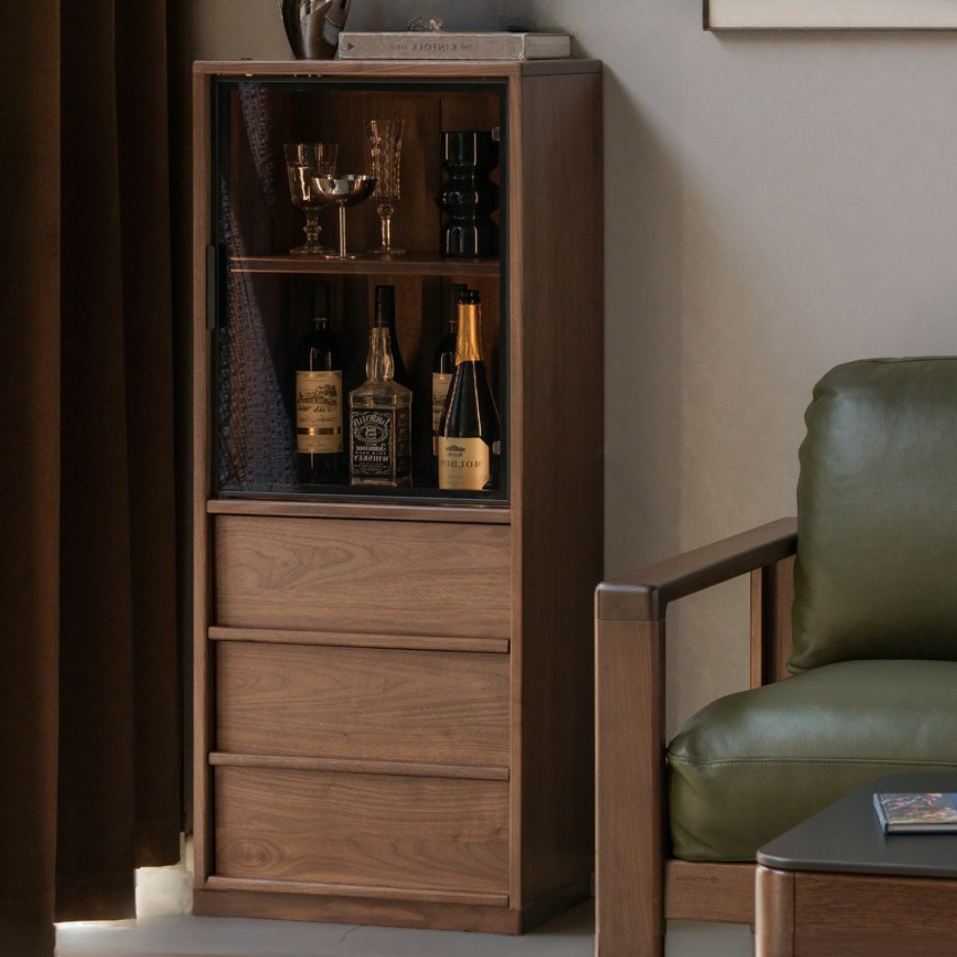 Black Walnut, Ash, Oak Solid Wood Side Cabinet With Light Display