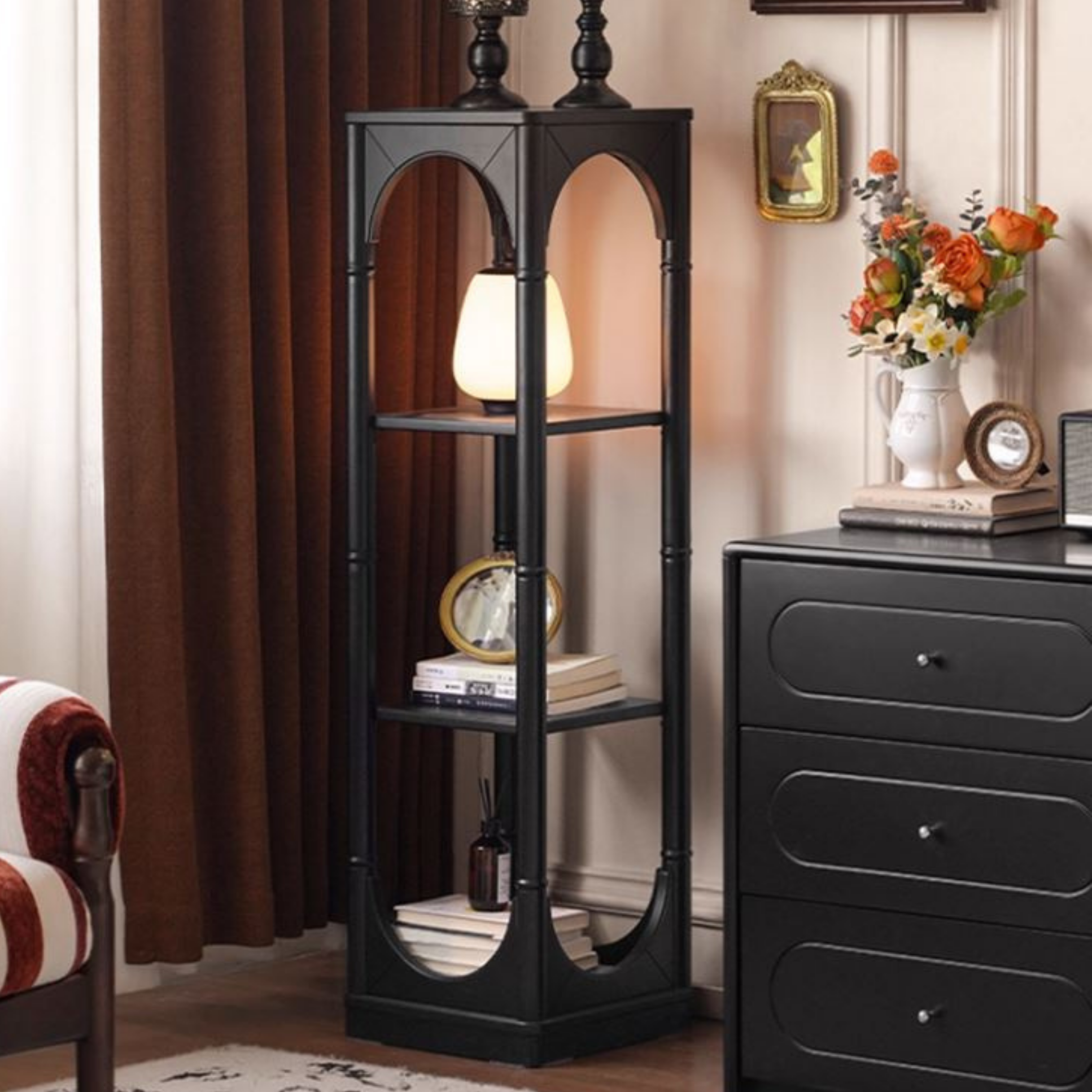 Solid Rubberwood, Tulipwood Solid Wood French Retro Corner Bookcase