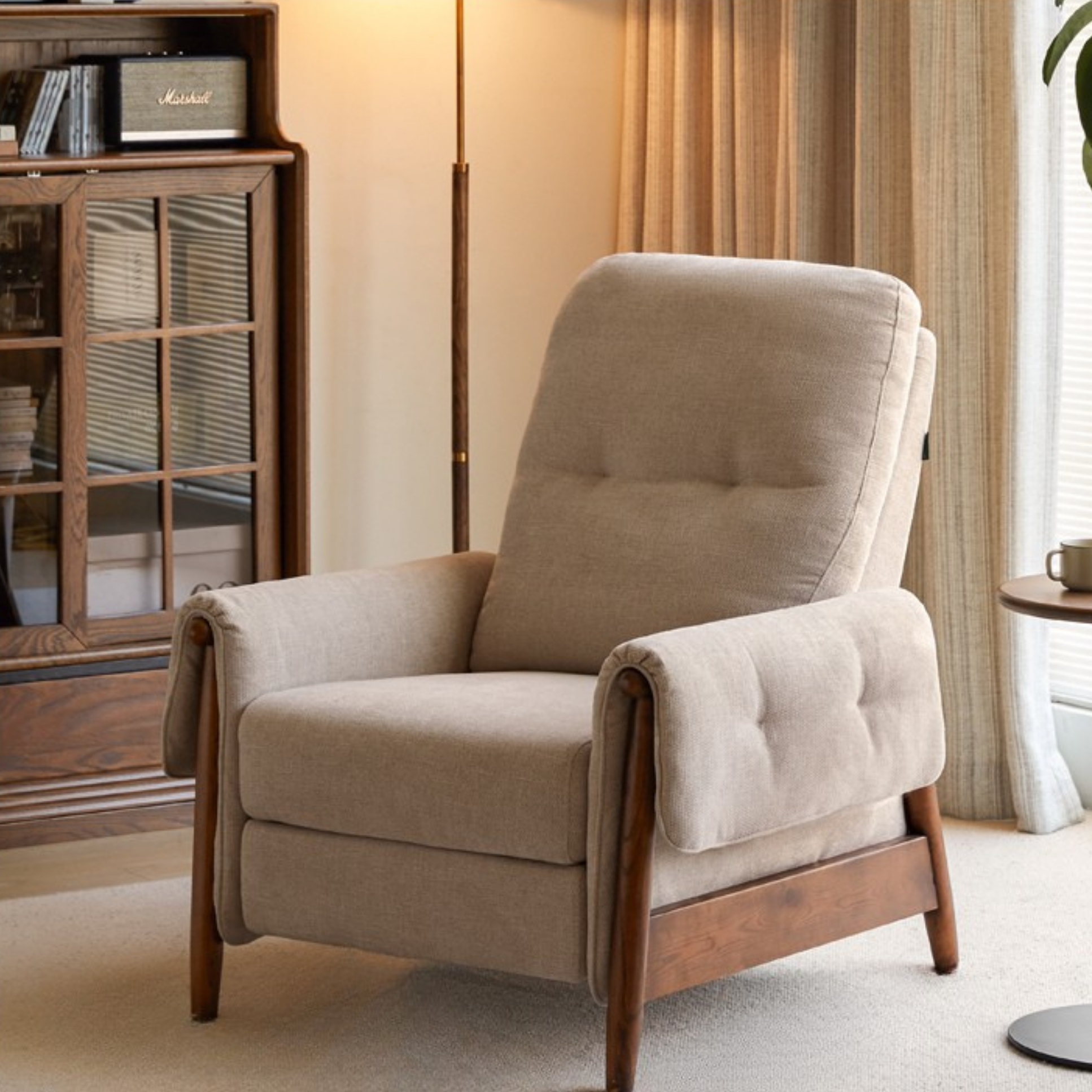 Ash Solid Wood Fabric Reclining Foldable Lounge armChair