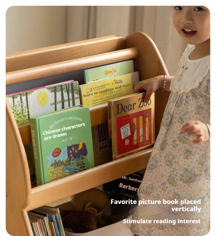 Beech, Poplar Solid Wood Movable Kids Bookshelf with Wheels, Multifunctional Storage