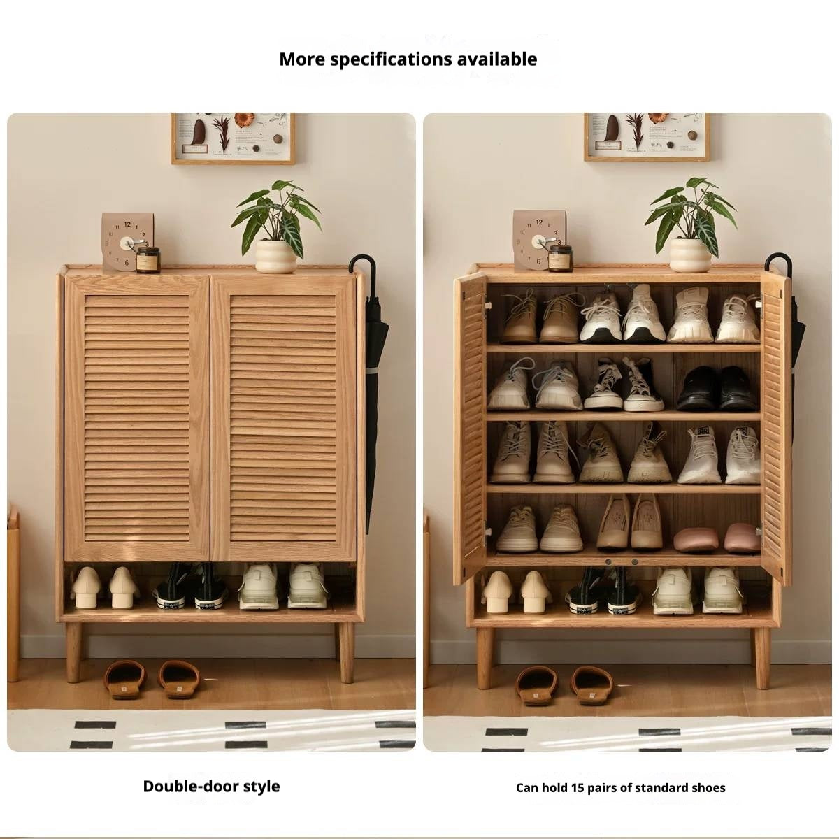 Oak Solid Wood Louvered Door Shoe Cabinet with Open Shelf for Entryway