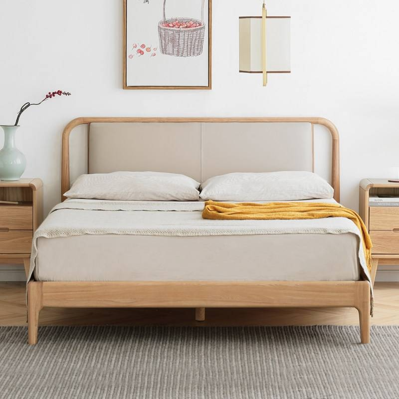 Ash Solid Wood Floor Bed — Modern Minimalist, High Box Design with Genuine Leather