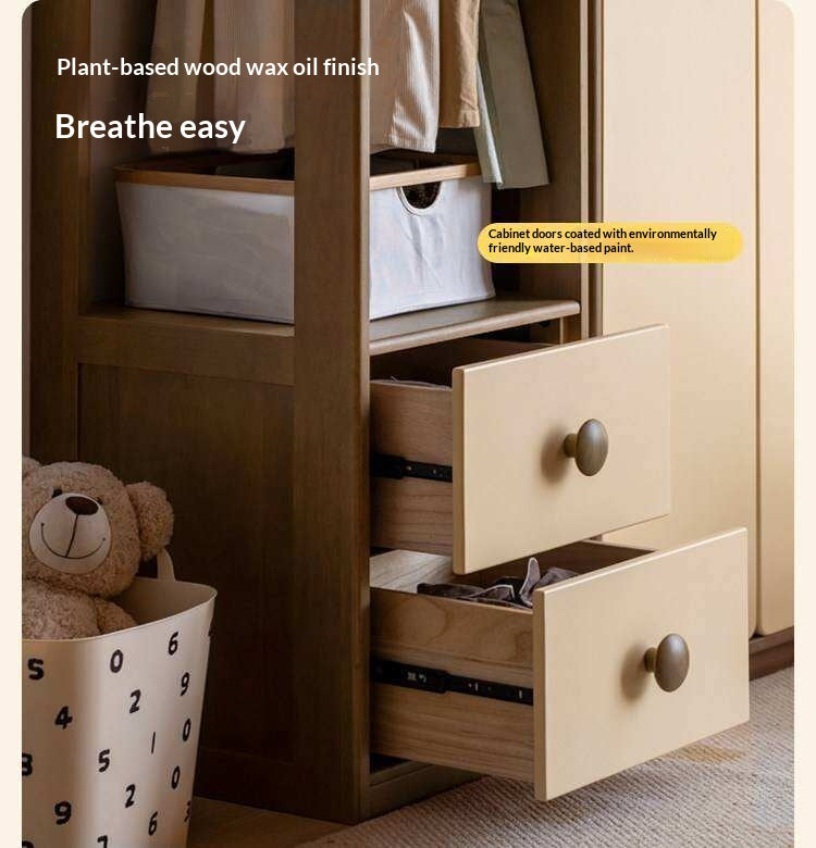 Solid RubberWood Kids Wardrobe Closet with Bear Handles and Storage Drawers