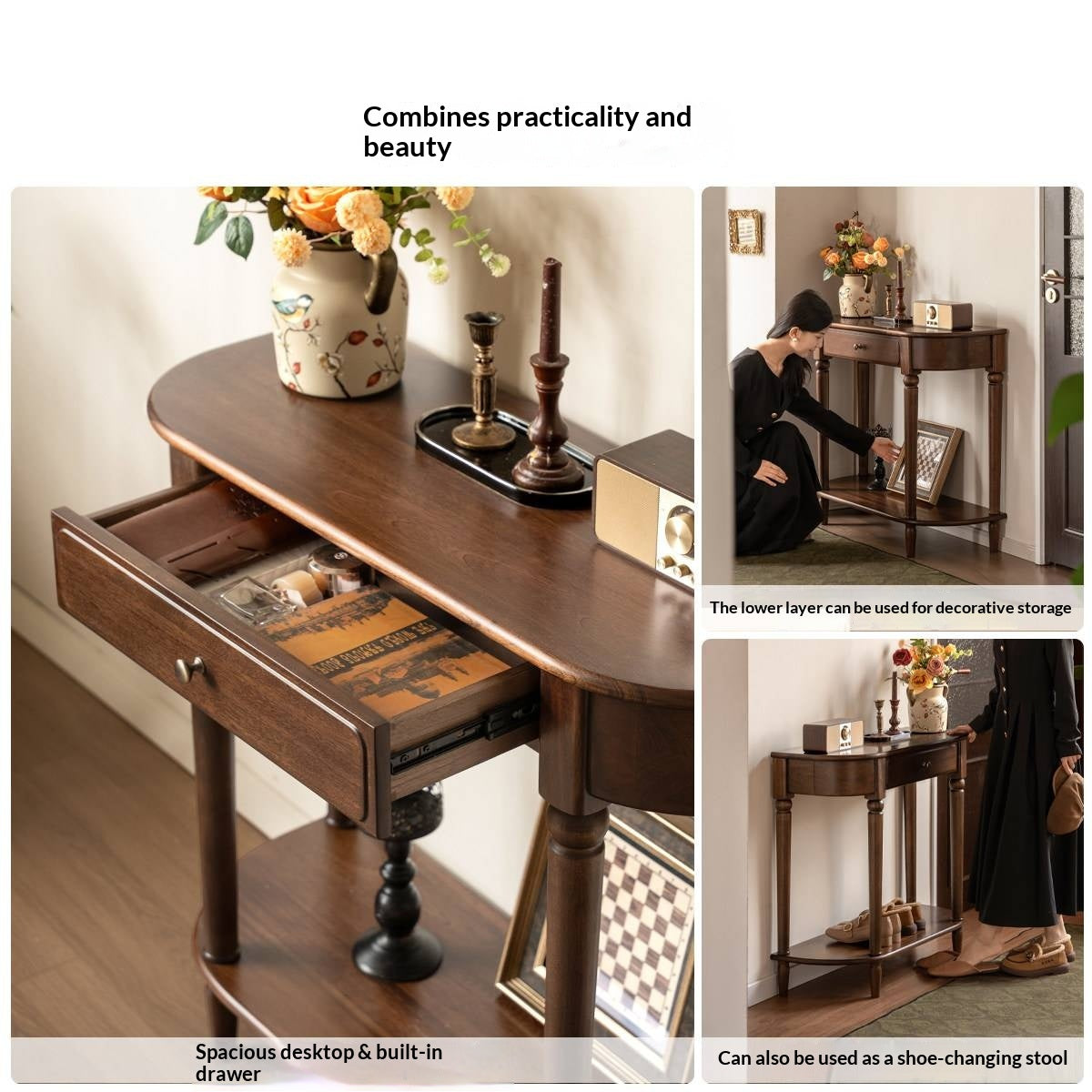Sandalwood Solid Wood Traditional Demilune Console Table with Turned Legs and Drawer