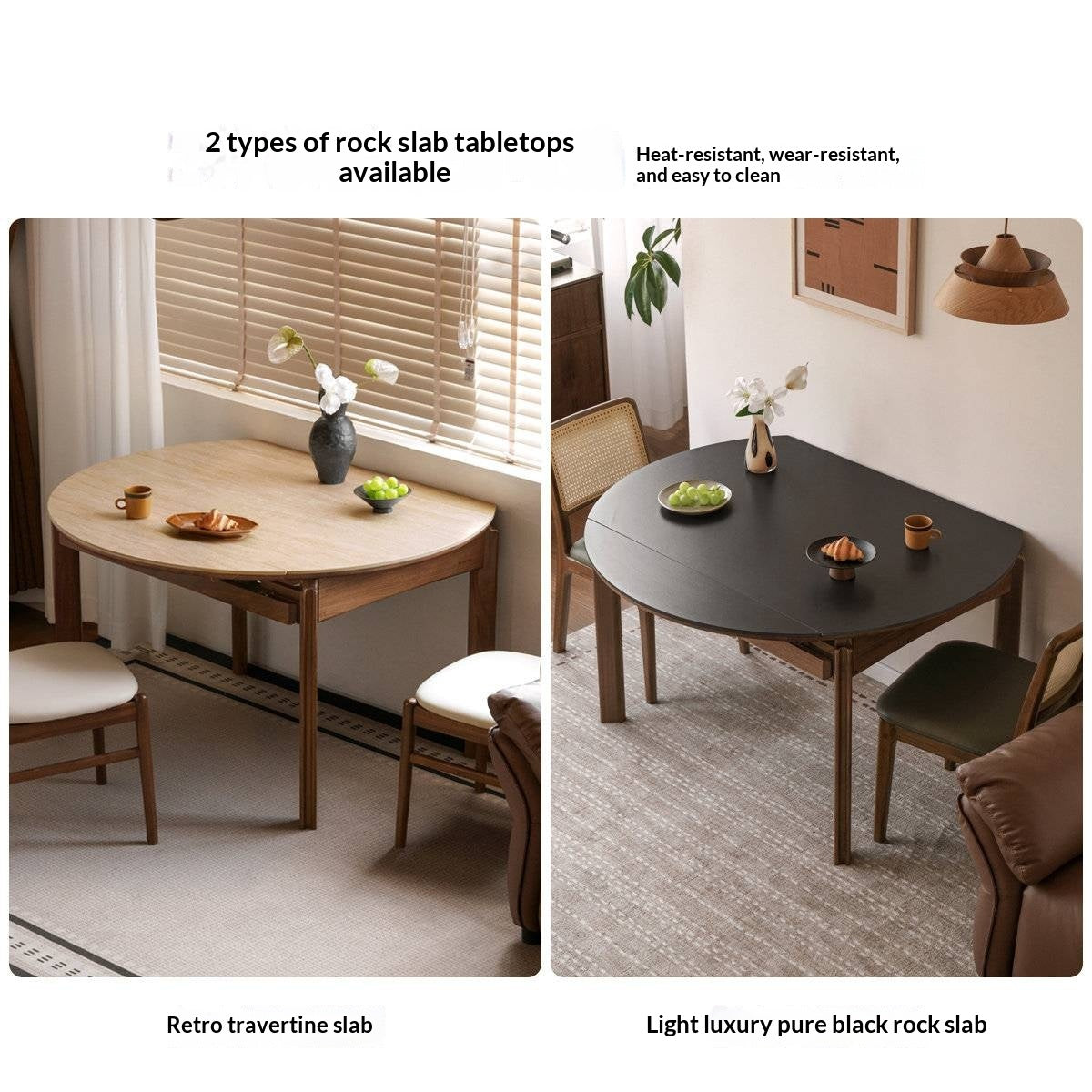 Black Walnut Solid Wood Folding Dining Table with Rock Plate Round Top