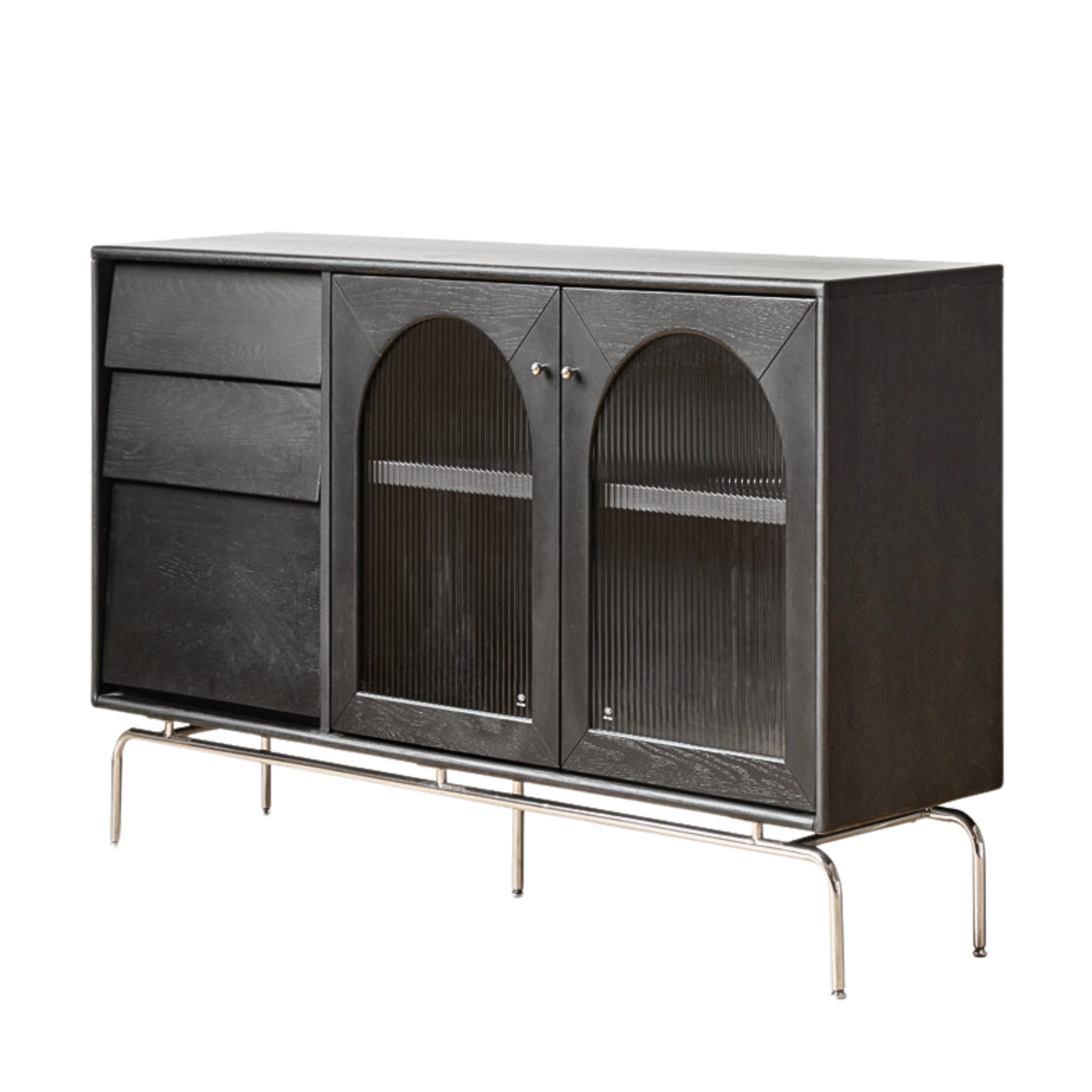 Solid Rubberwood French Retro Sideboard Black Glass
