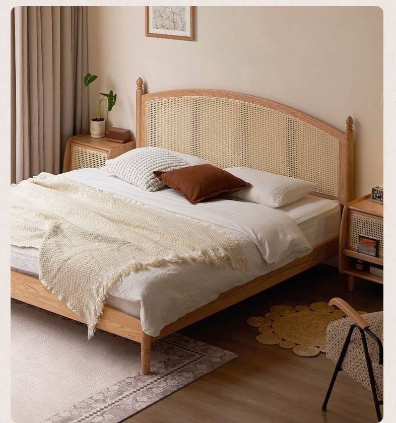 Oak Solid Wood Bed — Light Retro Style with Rattan Design