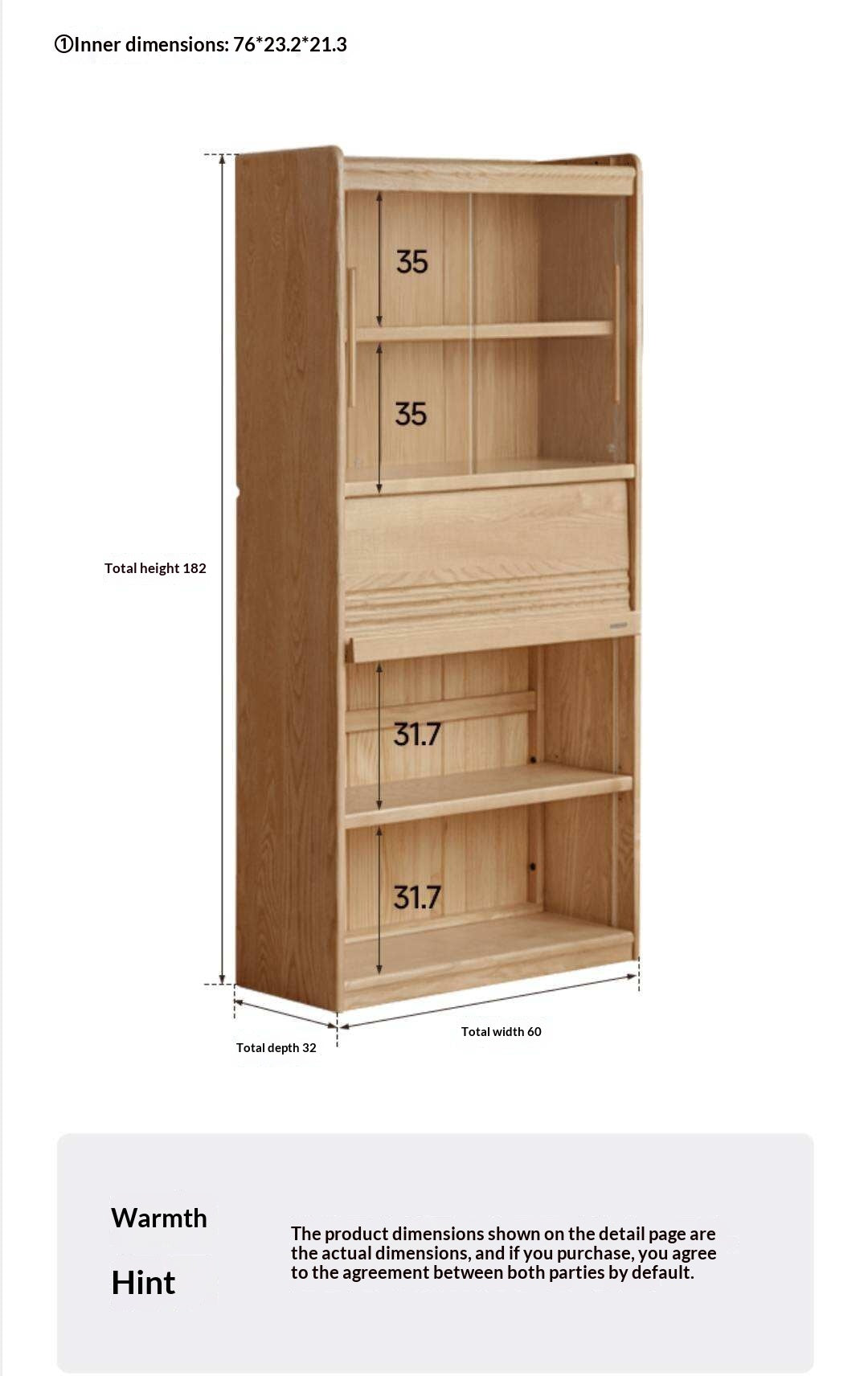 Oak Solid Wood Display Bookcase with Wall-Mounted Option and Storage Cabinet