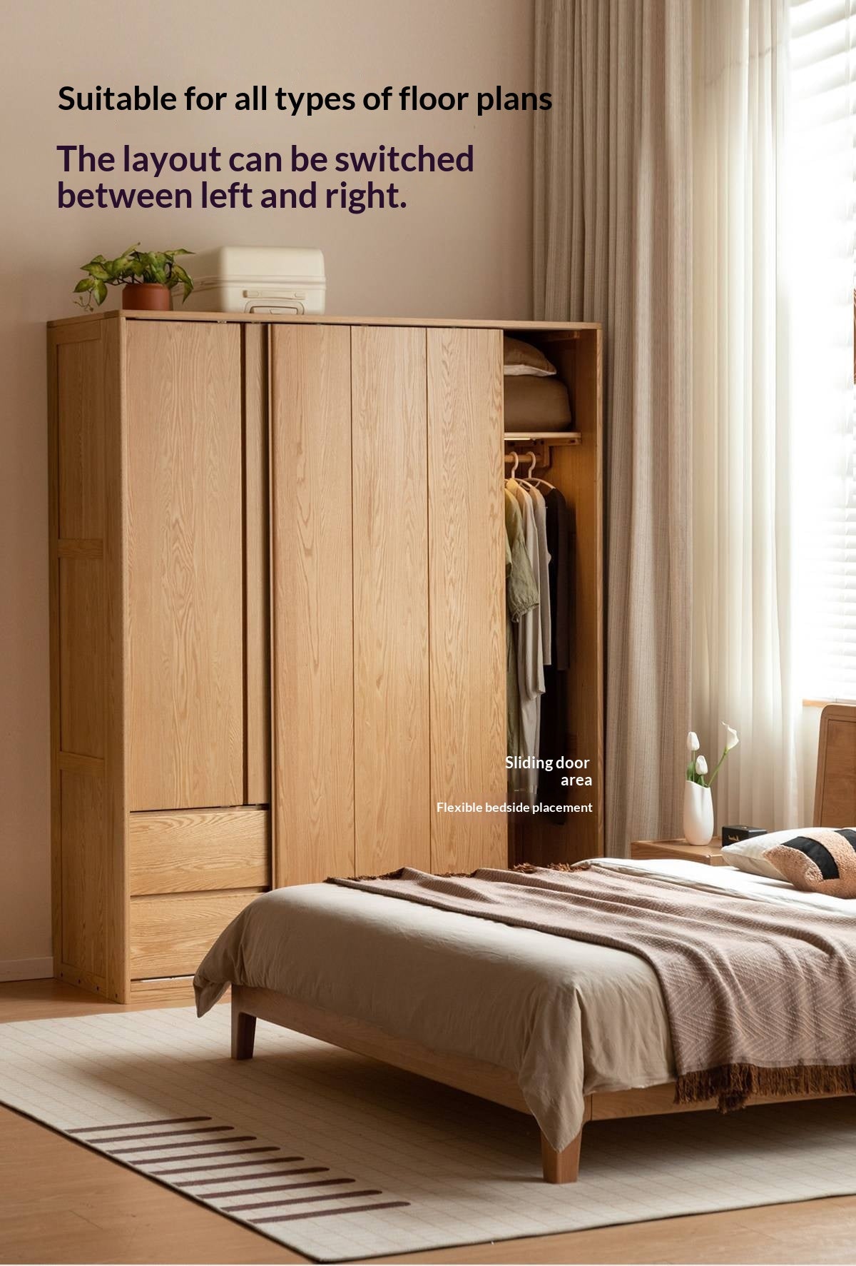 Oak Solid Wood Modern Storage Wardrobe with Casual Style