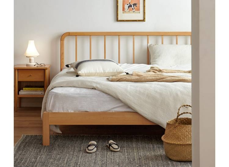 European Beech Solid Wood Bed Modern Simple