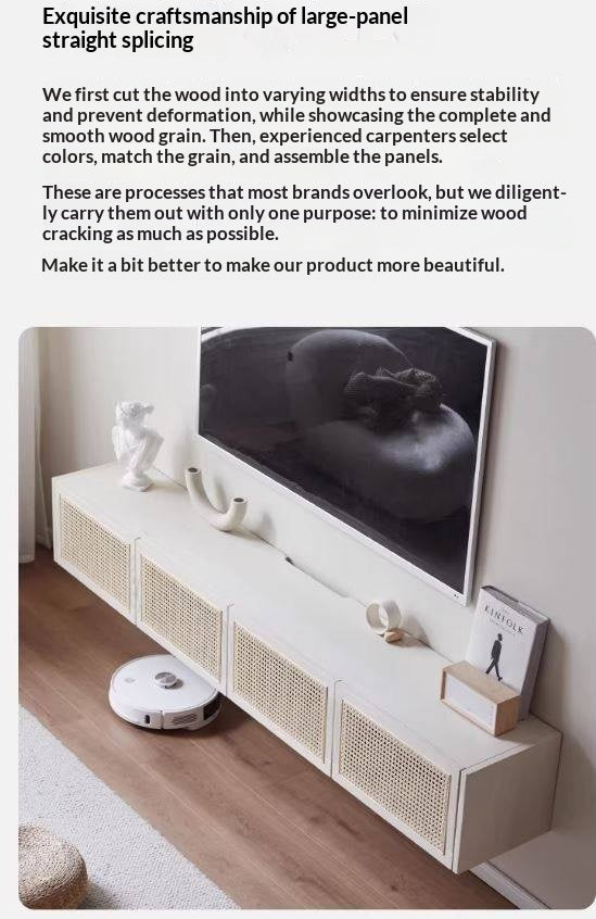 Ash Solid Wood Rattan TV Cabinet Cream Style LED Lights.