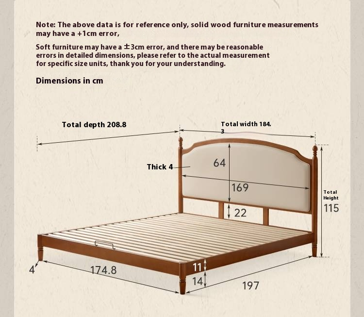 Poplar Solid Wood Bed – French Retro Design with Soft Fabric Upholstery
