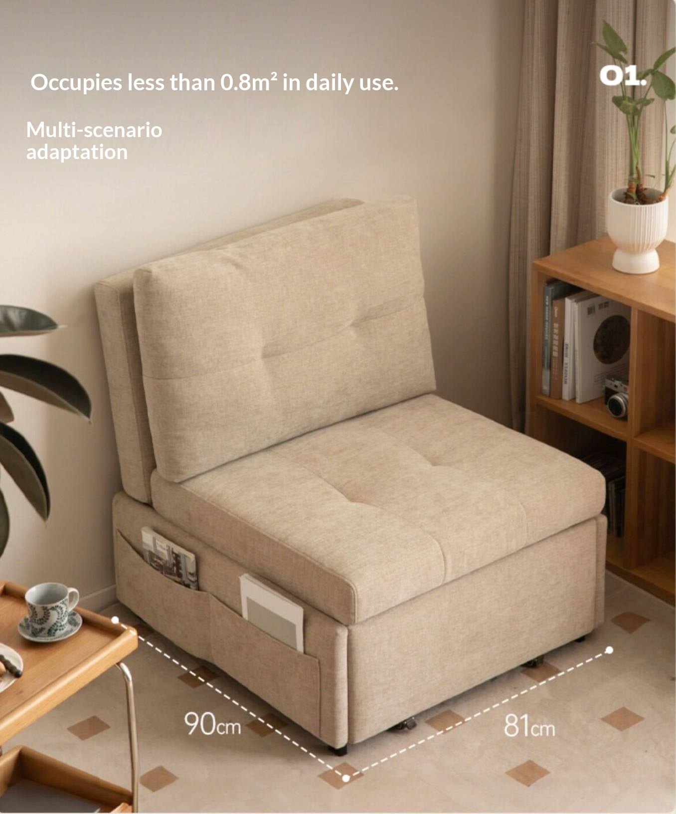 Fabric Convertible Sleeper Chair with Side Storage Pocket