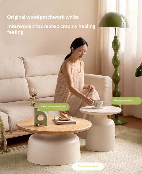 Oak Solid Wood, Solid RubberWood Round Nesting Coffee Tables, Modern Cream Style