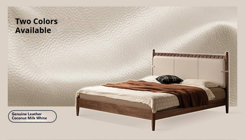 Black Walnut Solid Wood Bed — French Retro Style with Soft Backrest and Genuine Leather Upholstery