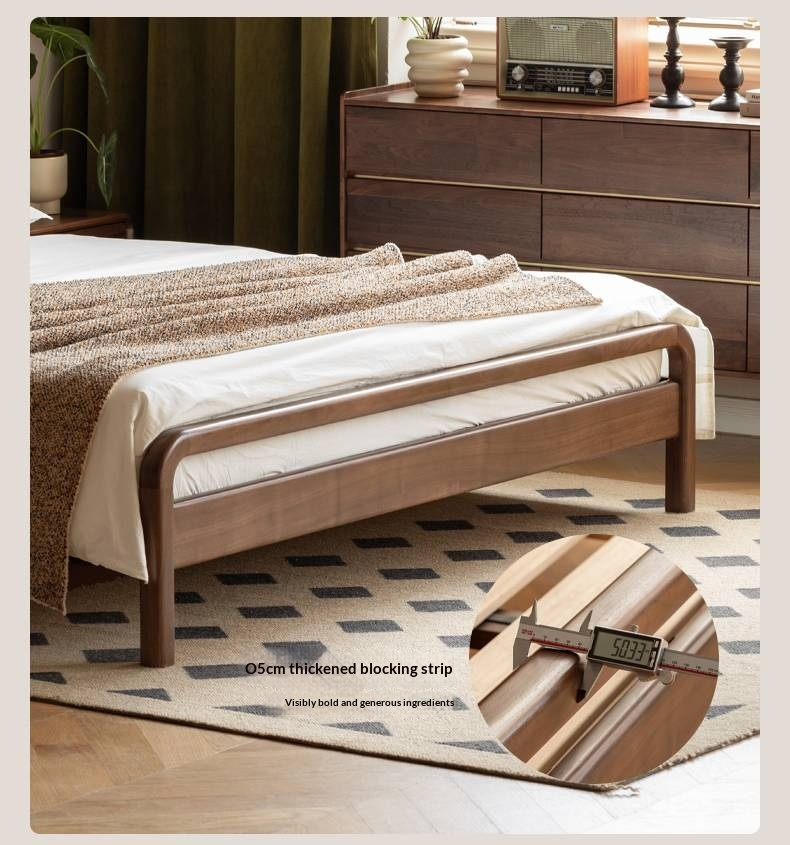 Black Walnut, Beech Solid Wood Retro Upholstered Large Bed