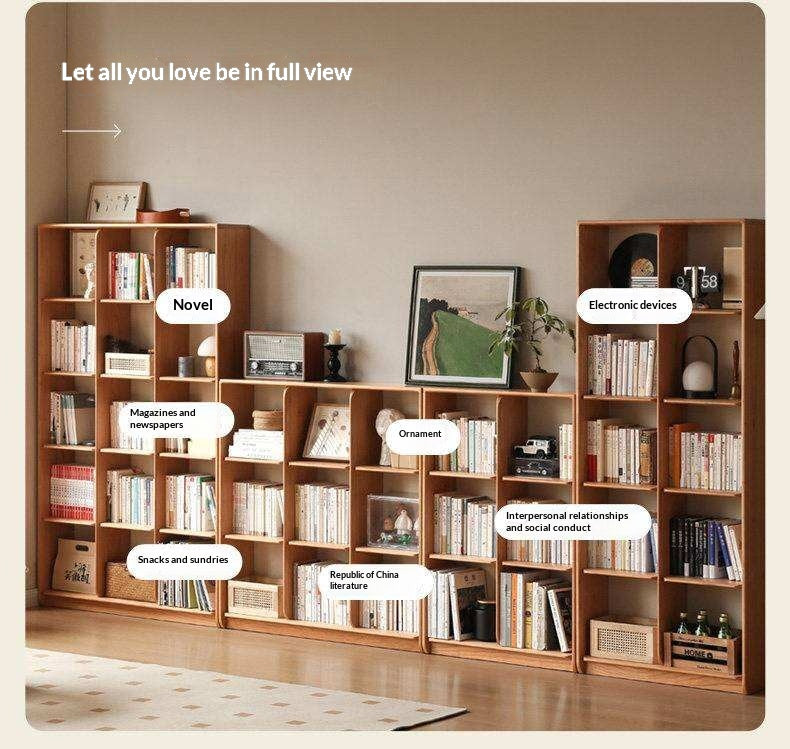 Cherry Solid Wood Freely Combinable Bookshelf with Floor-Standing Grid Design