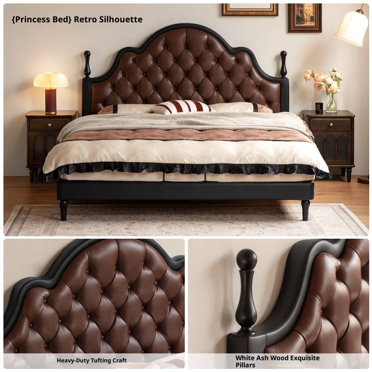 Genuine Leather Elegant Soft Backrest Bed, French Retro