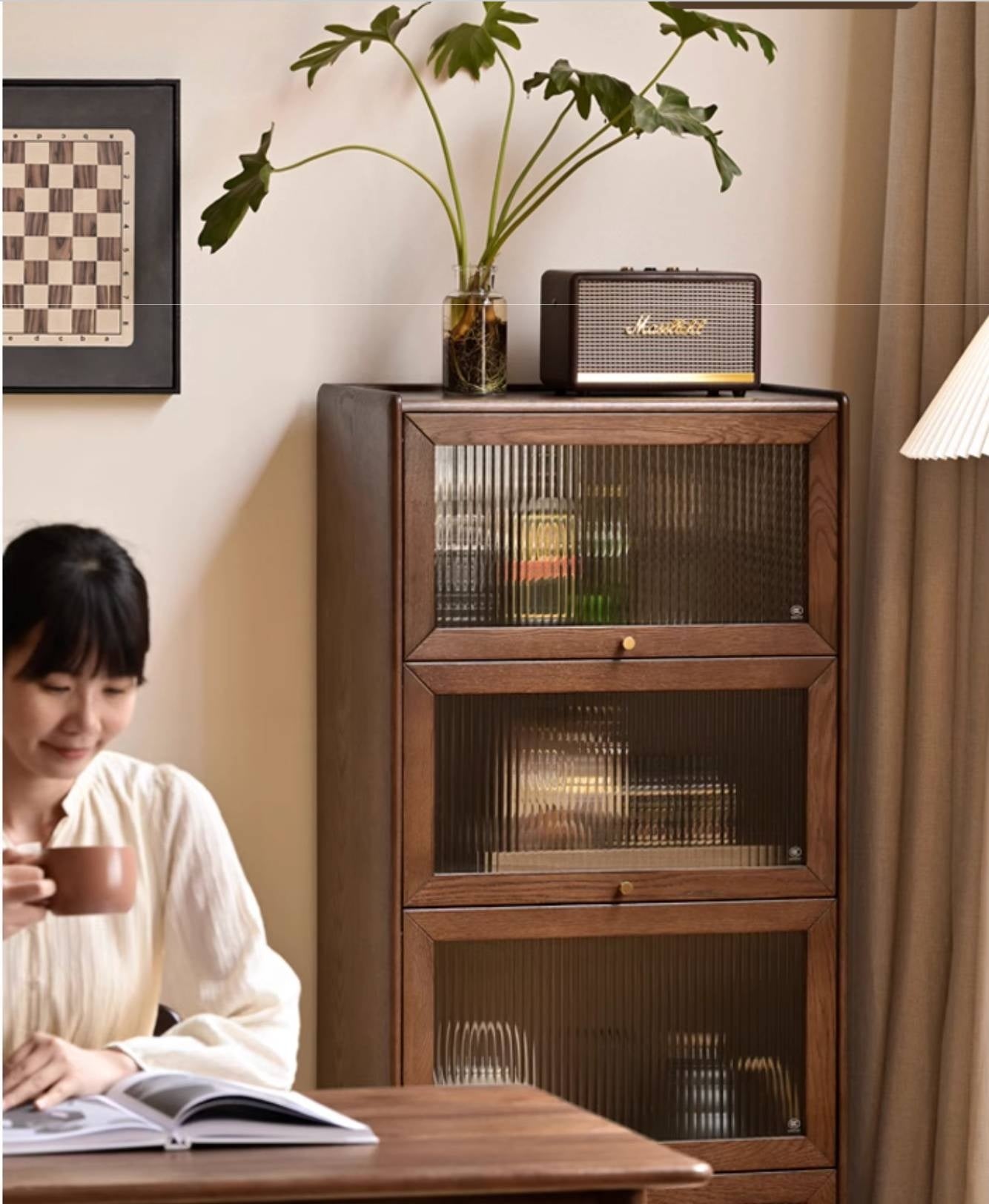 Oak Solid Wood Modern Glass Bookcase Combination