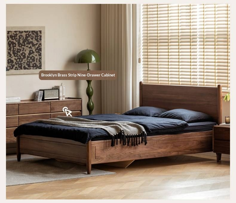 Black Walnut Solid Wood Adjustable Storage Bed with Flat Panel Headboard