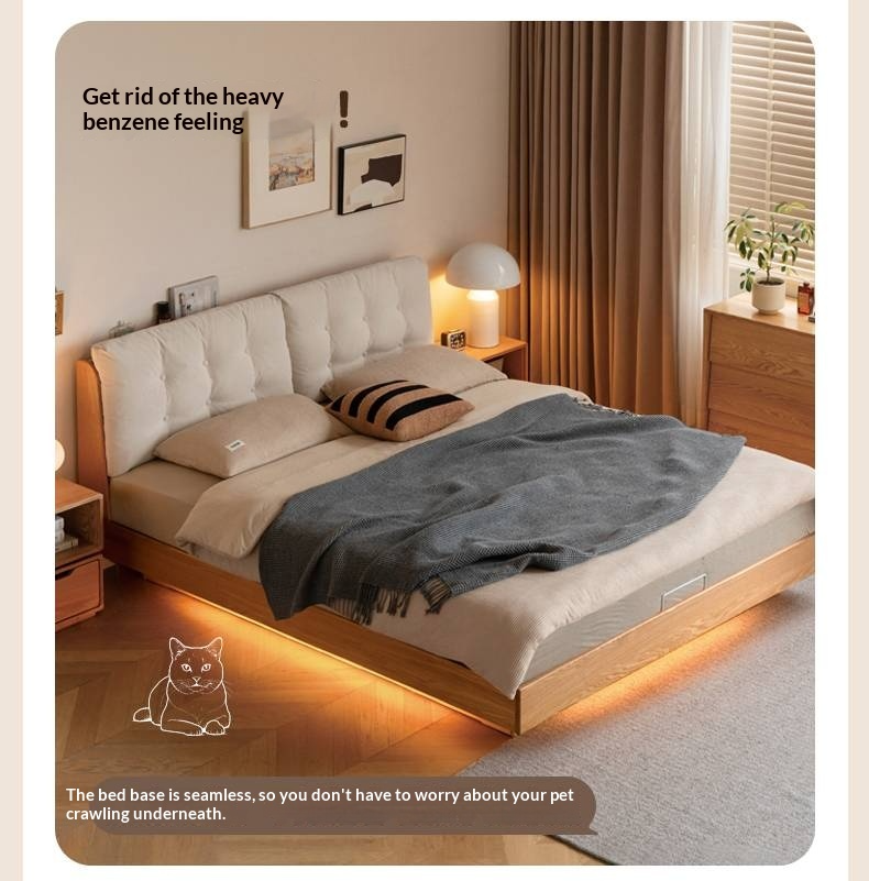 Oak Solid Wood with Upholstered Headboard Luminous Box Bed Cream Style