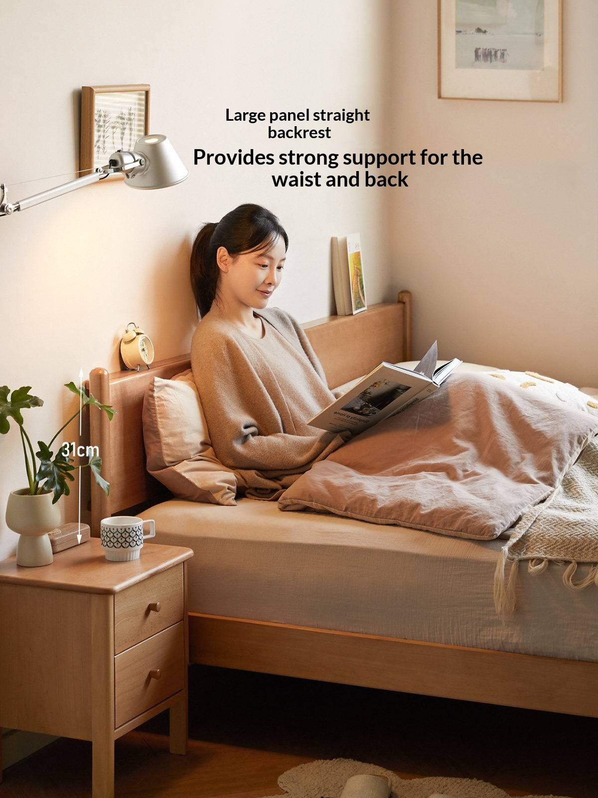 Poplar Solid Wood Bed — Modern Minimalist Style