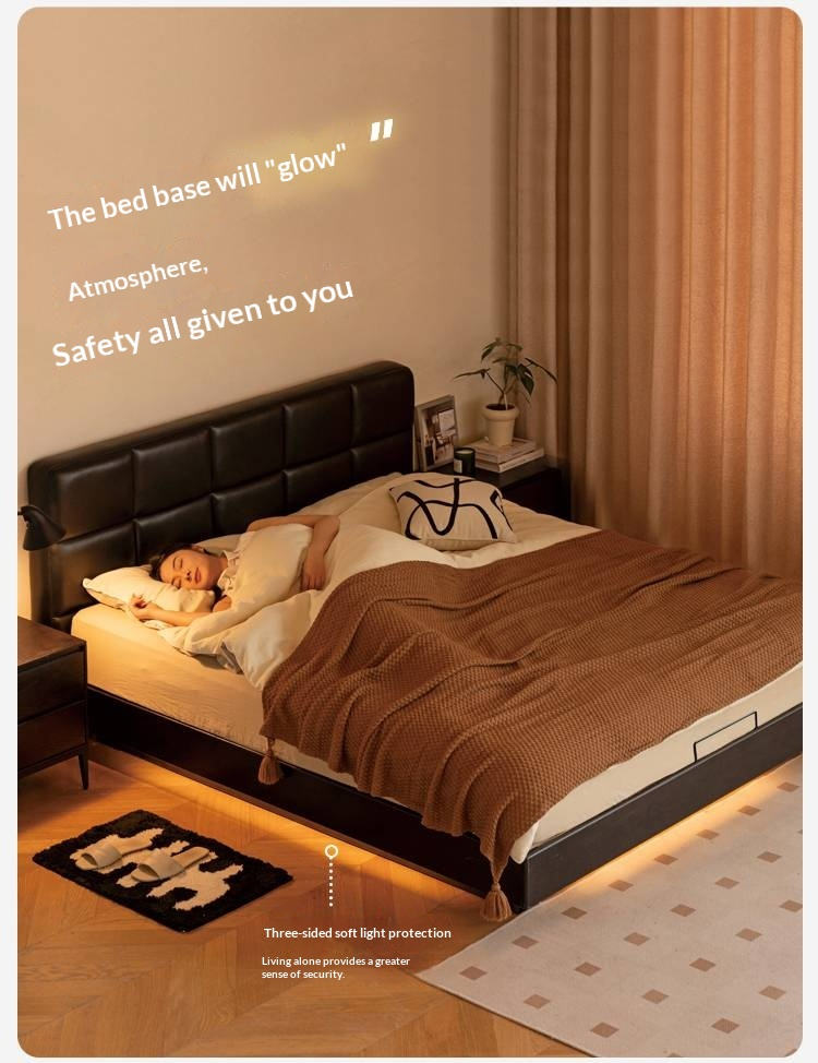 Oak Solid Wood Genuine Leather Upholstered Box Bed Retro Black Floating Bed