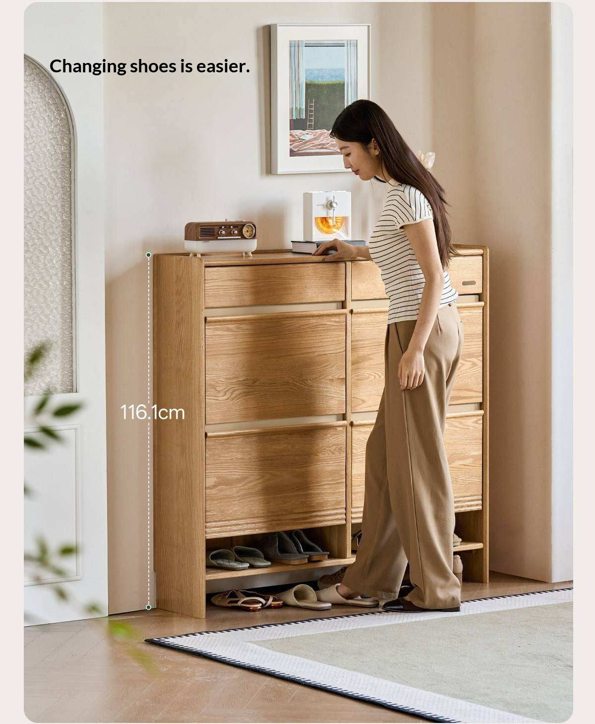 Oak Solid Wood Slim Entryway Shoe Cabinet with Tilt-Out Compartments and Drawers