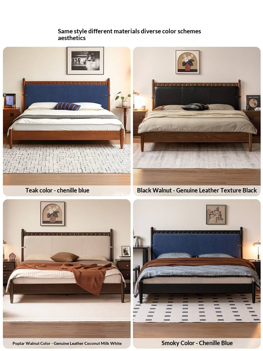 Black Walnut Solid Wood Bed — French Retro Style with Soft Backrest and Genuine Leather Upholstery