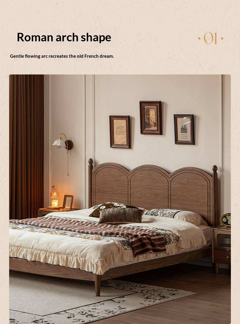 Black Walnut Solid Wood Bed with Arched French Country Headboard and Spindle Legs