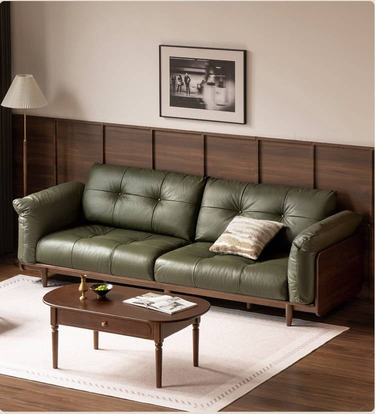 Black Walnut, Oak Solid Wood Genuine Leather Sofa Italian-Inspired