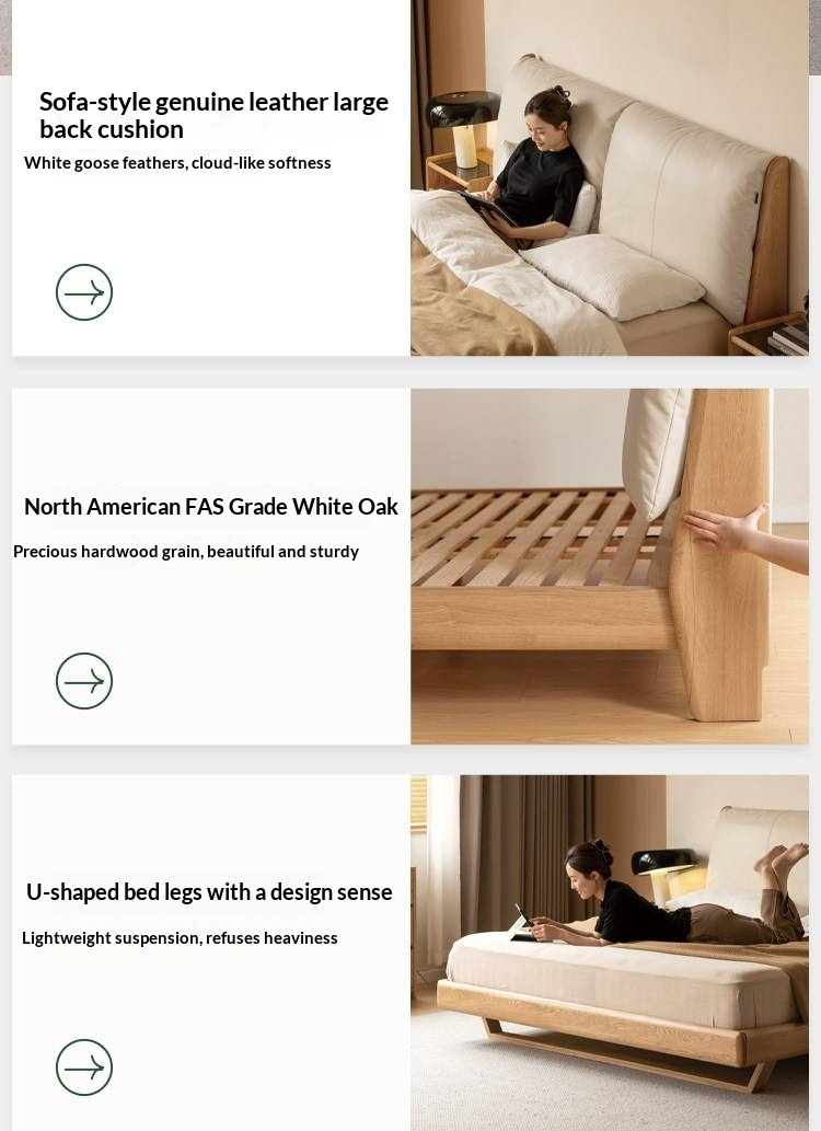 Oak Solid Wood Bed — Modern Minimalist Style with Genuine Leather and Floating Design