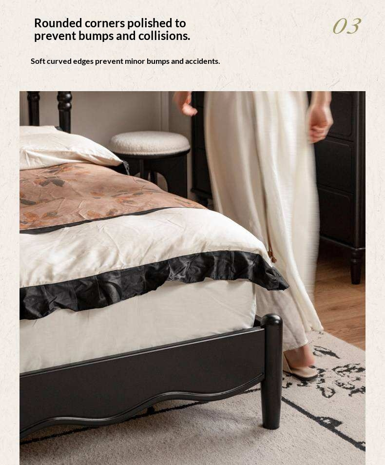 Rubberwood Solid Wood French Style Bed with Black Carved Headboard and Elegant Curved Frame