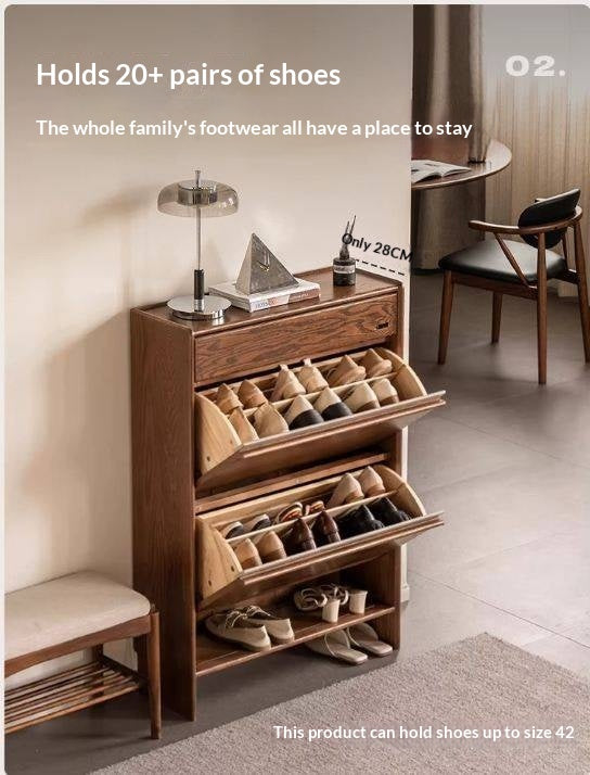 Oak Solid Wood Modern Shoe Cabinet with Flip Drawers and Open Shelf