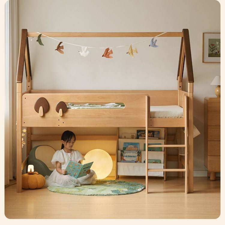 Beech Solid Wood Children's Loft Bed with Table Under Bed