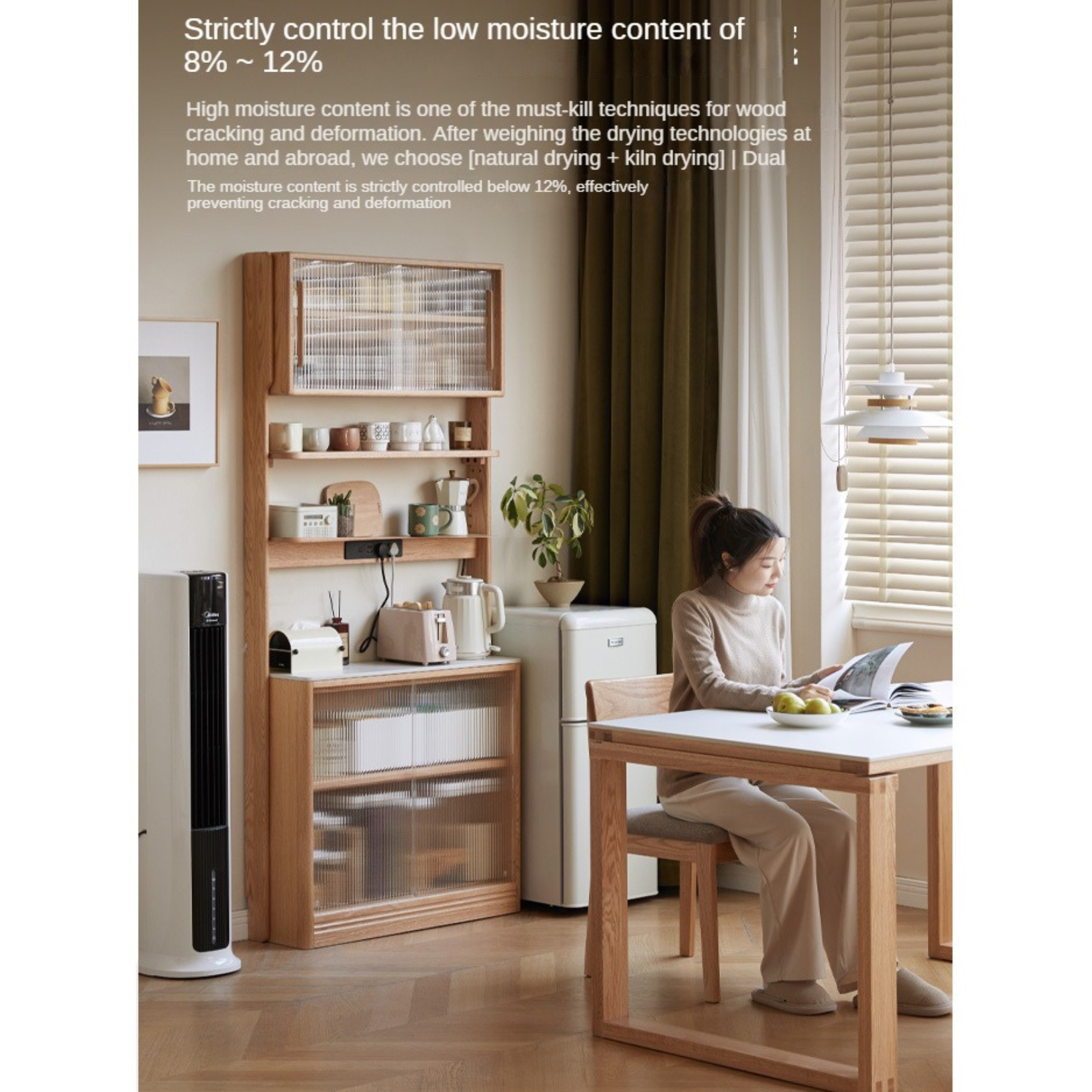 Oak, Solid RubberWood Rock Board Dining Sideboard Integrated Multifunctional Storage