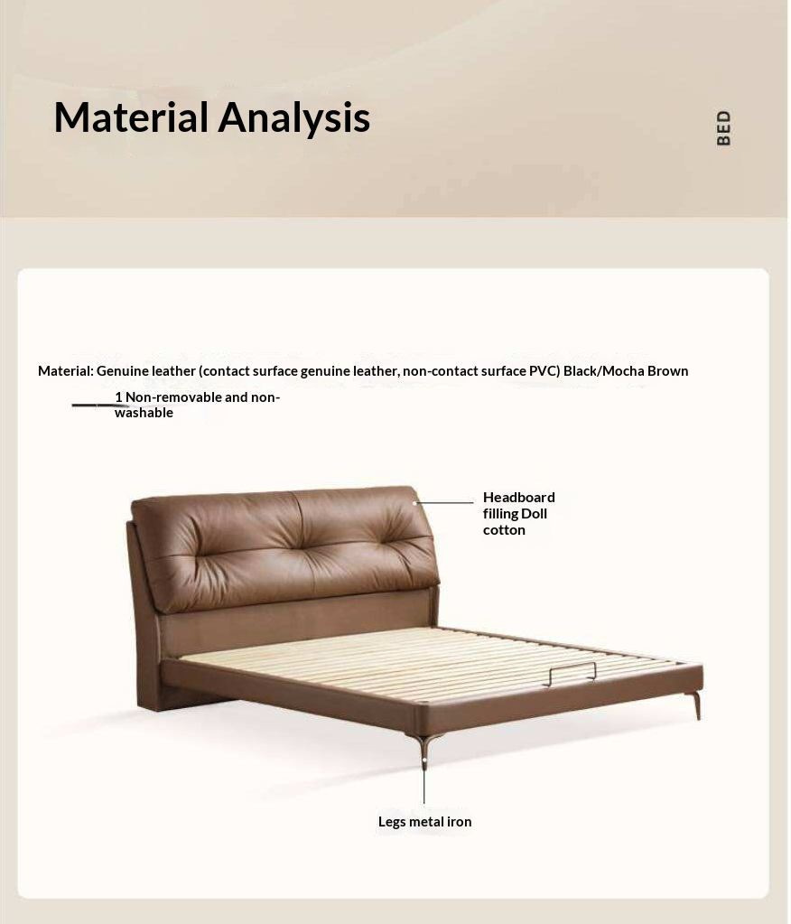 Genuine Leather Platform Bed with Curved Tufted Headboard and Tapered Metal Legs
