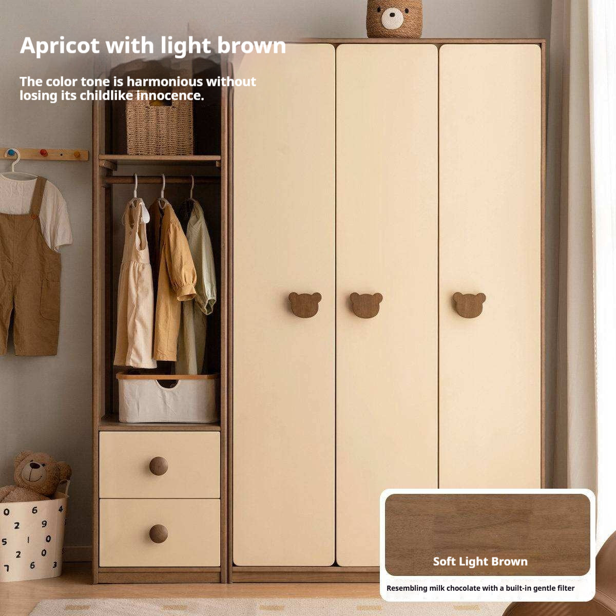Solid RubberWood Kids Wardrobe Closet with Bear Handles and Storage Drawers