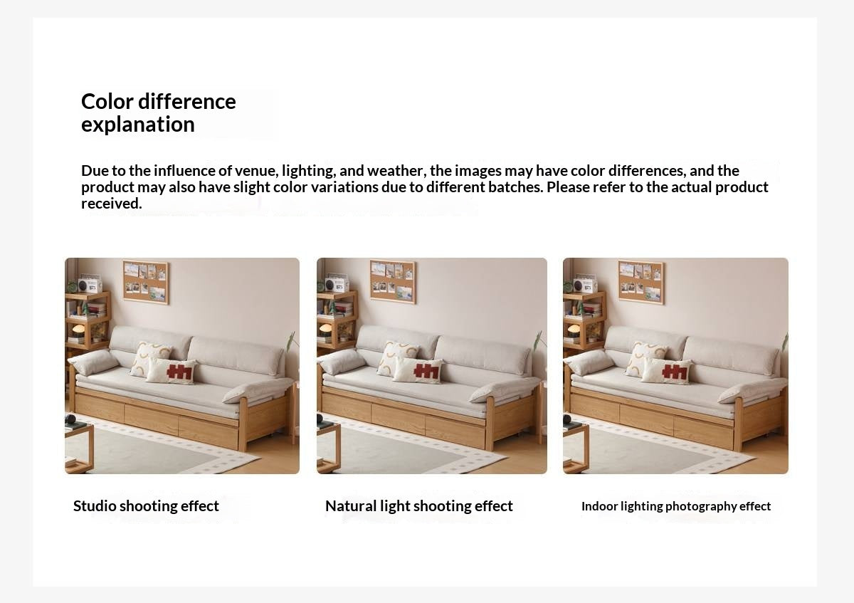 Oak Solid Wood Sofa Bed with Under-Seat Storage Drawers