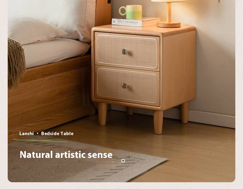 Beech Solid Wood Rattan Log Style Nightstand