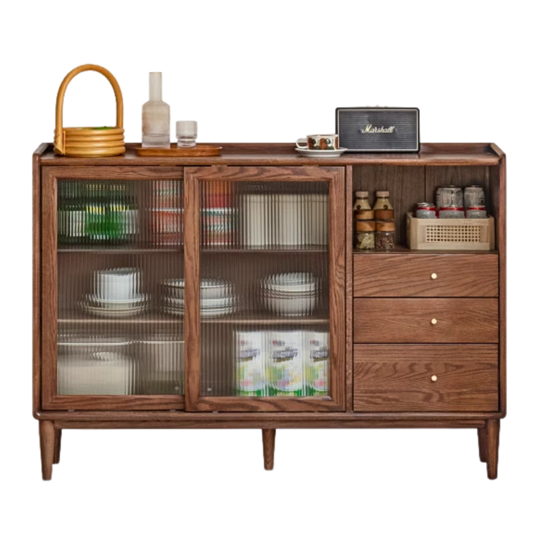 Black Walnut, Oak, Solid RubberWood Glass Modern Simple Sideboard