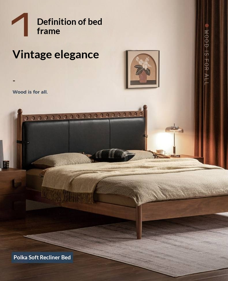 Black Walnut Solid Wood Bed — French Retro Style with Soft Backrest and Genuine Leather Upholstery